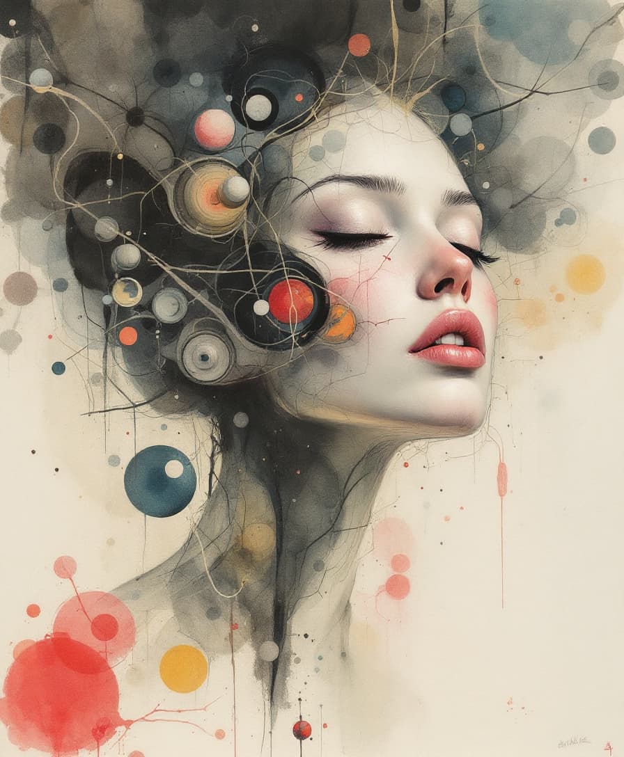 AI generated: wonderfull woman, surreal expressonism, by enki bilal, andrey kawasaki, yves tanguy, watercolour art
