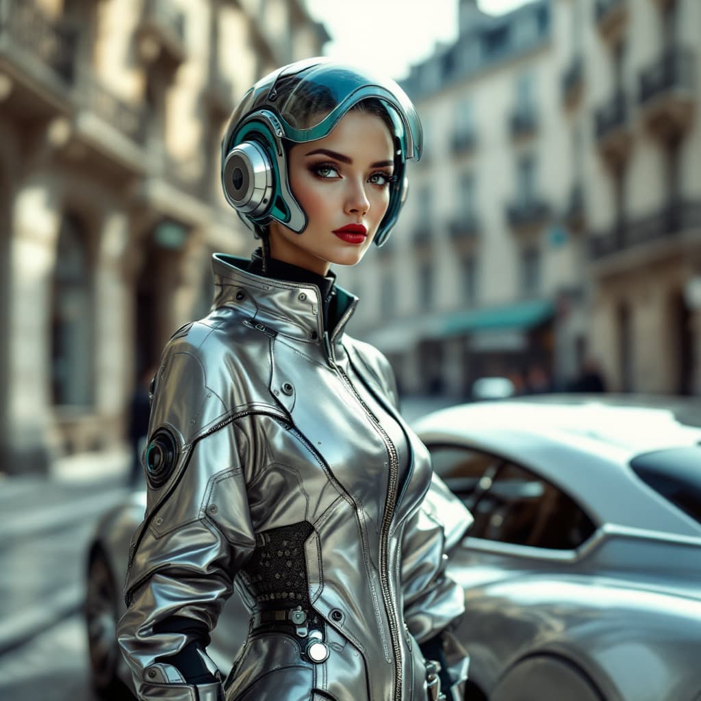 AI generated: A futuristic and elegant woman standing next to a sleek, retro-futuristic car in an ornate European ...