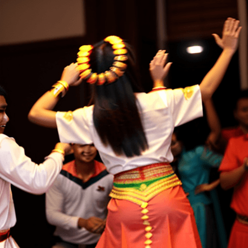 AI generated: A malay girl in tradional dress dancing a guy at her back, the guy holding the girl wrist up in the ...