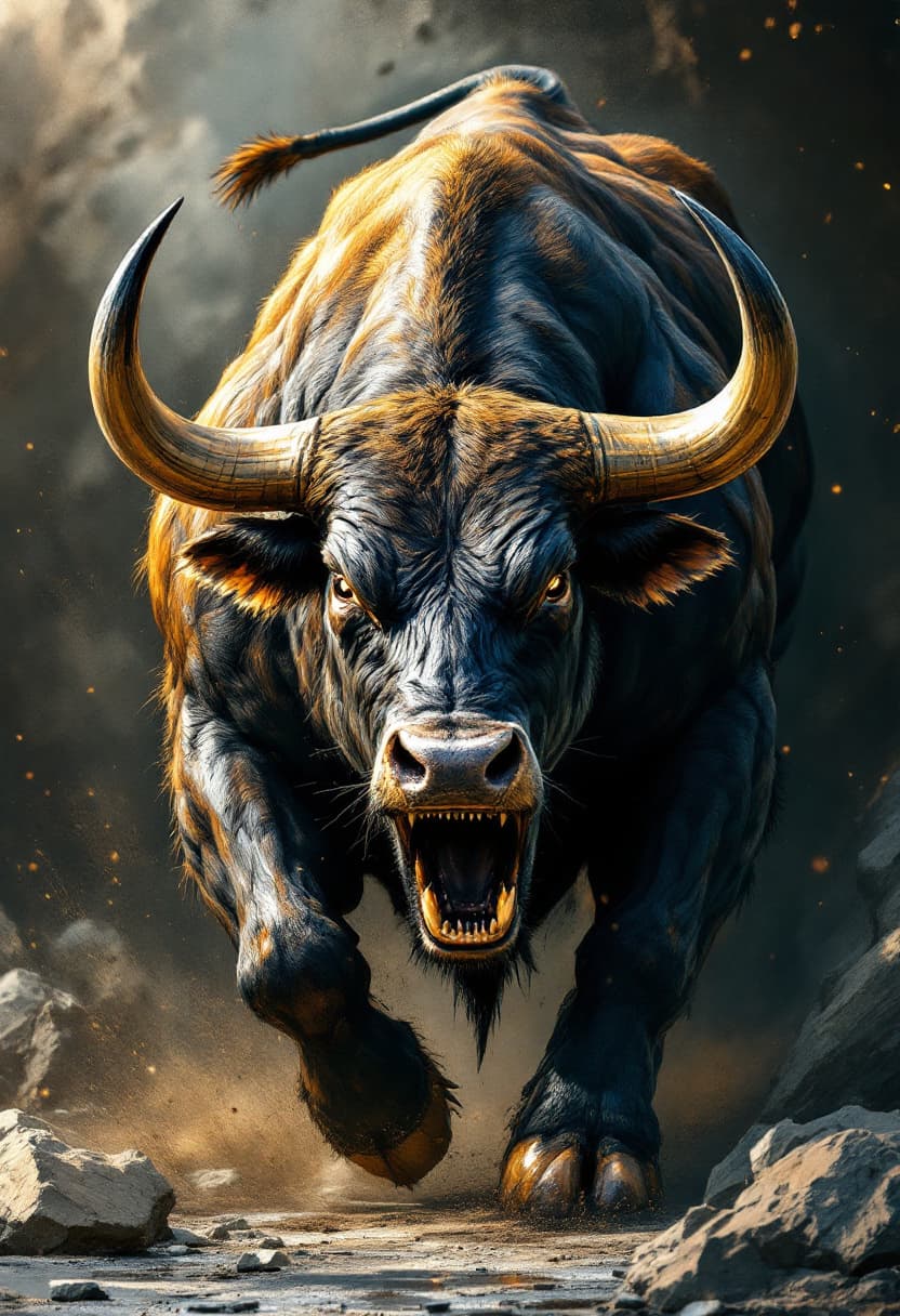 AI generated: AI-generated artwork Realistic detail, crisp, full body. Roaring bull. Bodybuilder build. Show off y...