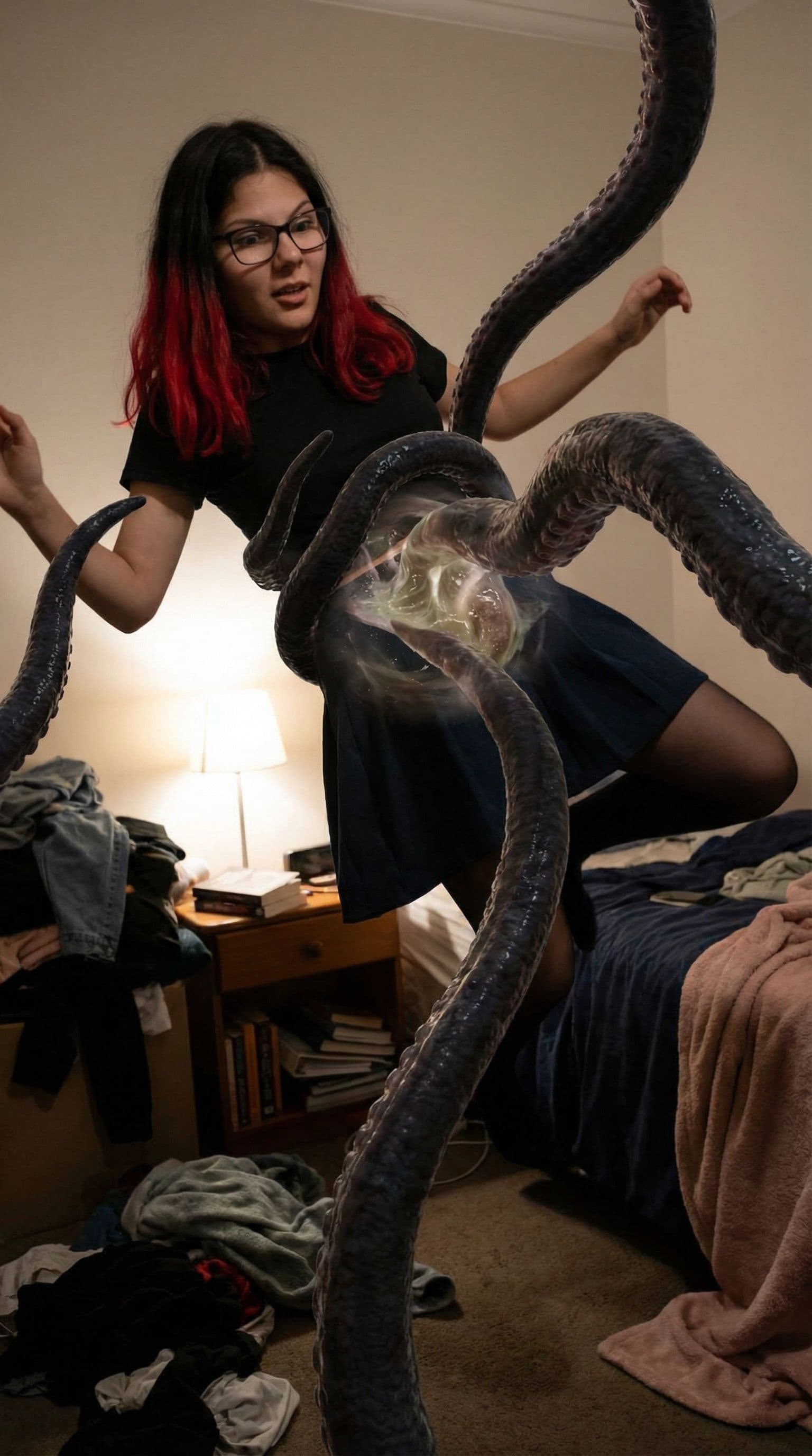 AI generated: (nudify make the woman completely naked) make the woman in the image have intense tentacle sex the w...