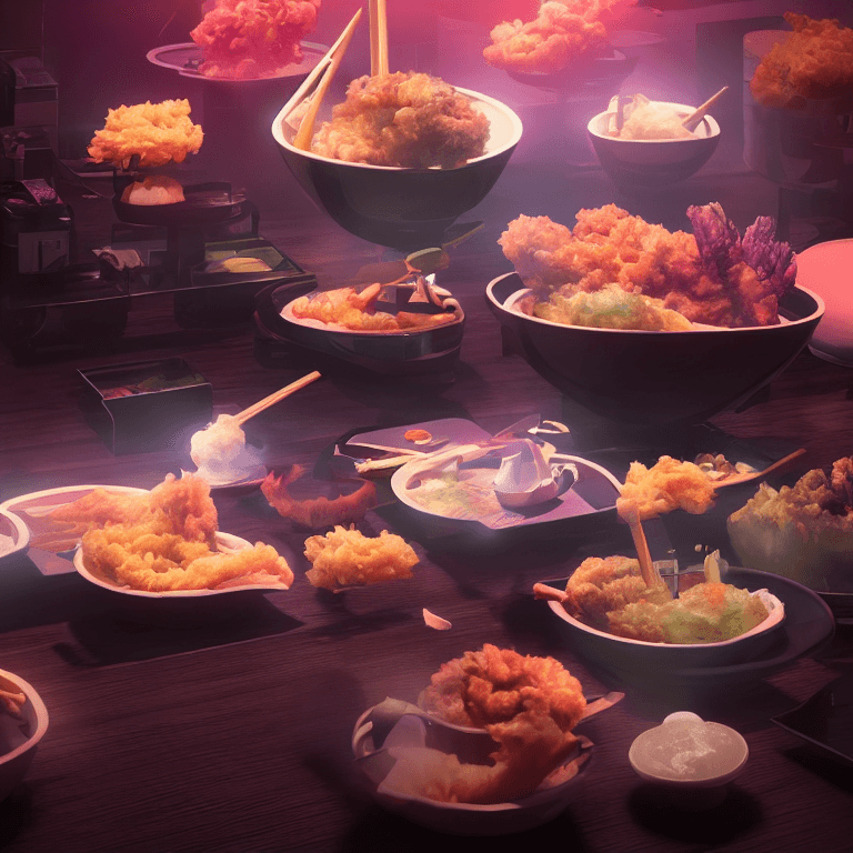 AI generated: futuristic tempura food, night, japanese, neon light, volumetric smoke, volumetric light, octane ren...