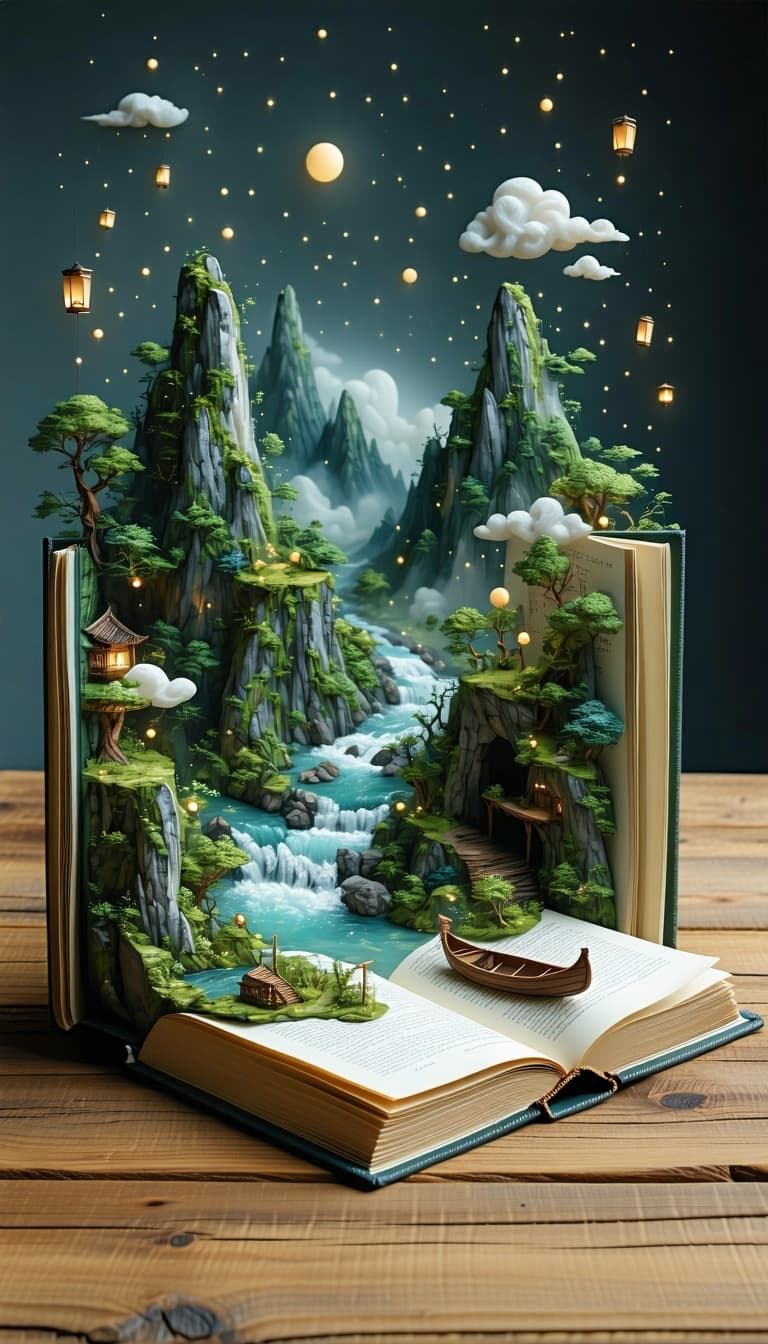 AI generated: An open book on a wooden desk unfolds a miniature landscape: mountains and rivers flow from the page...