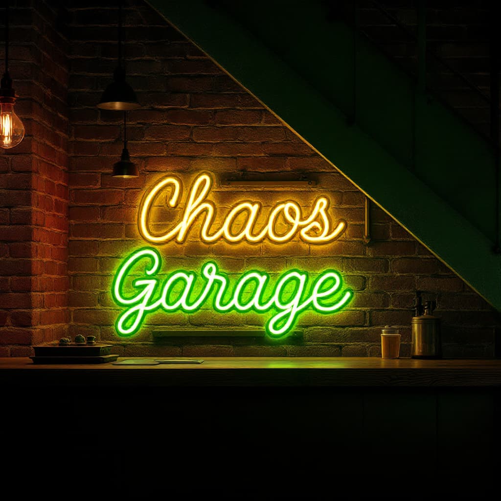 AI generated: hyper realistic green led tube writing desktop sign on top of a industrial look bar  with brick tile...