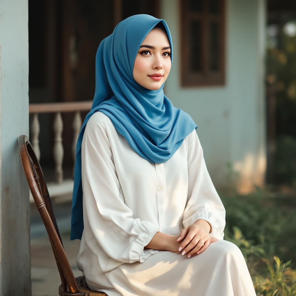 AI generated: a beautiful south asia lady with dress by hijab, blue color hijab and white dress, sitting on the ch...