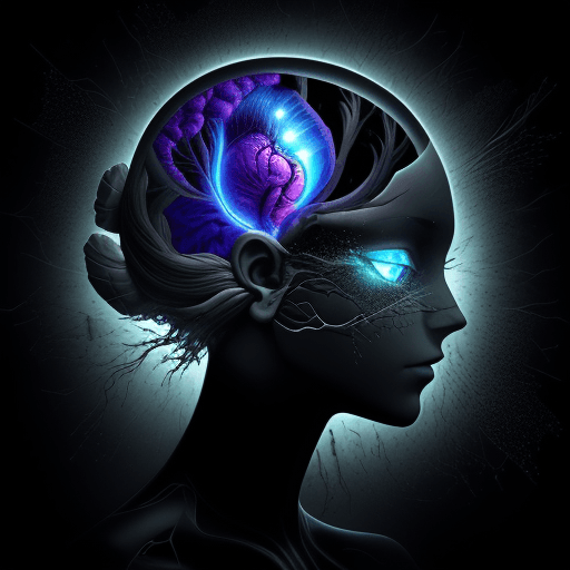 AI generated: pitch black background, concept art of [a silhouette outline of the brain : half shattered reality, ...
