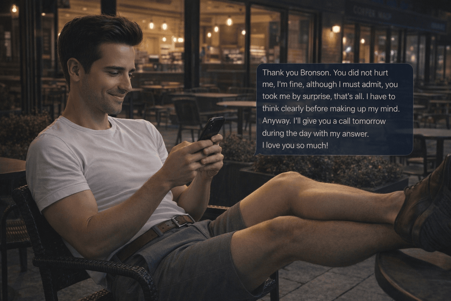 AI generated: At night. The model is a barista at a big coffee shop. The coffee shop is empty. The coffee shop has...