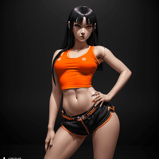 AI generated: Hinata hoyag , beautiful charismatic girl, showing piercing, athletic body, a woman an orange top, g...