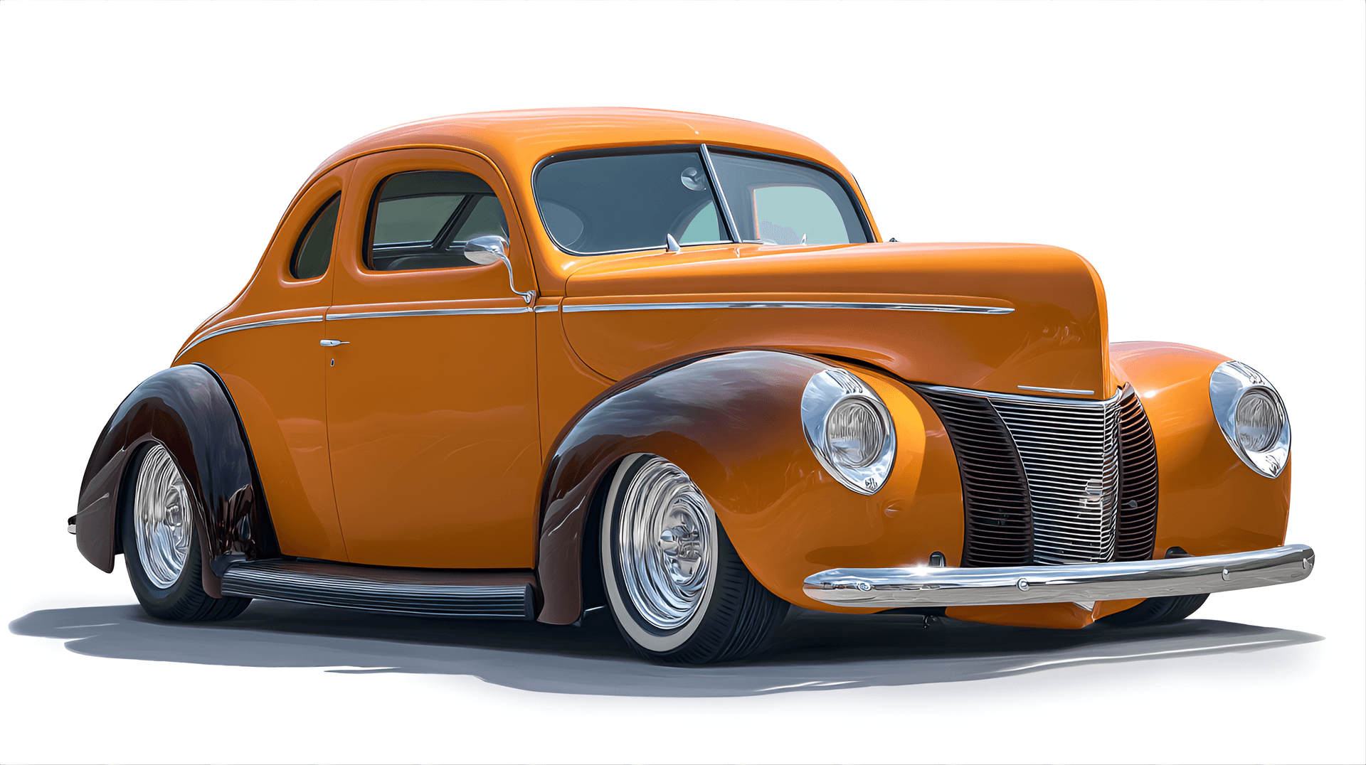 AI generated: 1940 Ford Deluxe coupe, showcasing its curvy front fenders, split
windshield, and classic hot rod s...