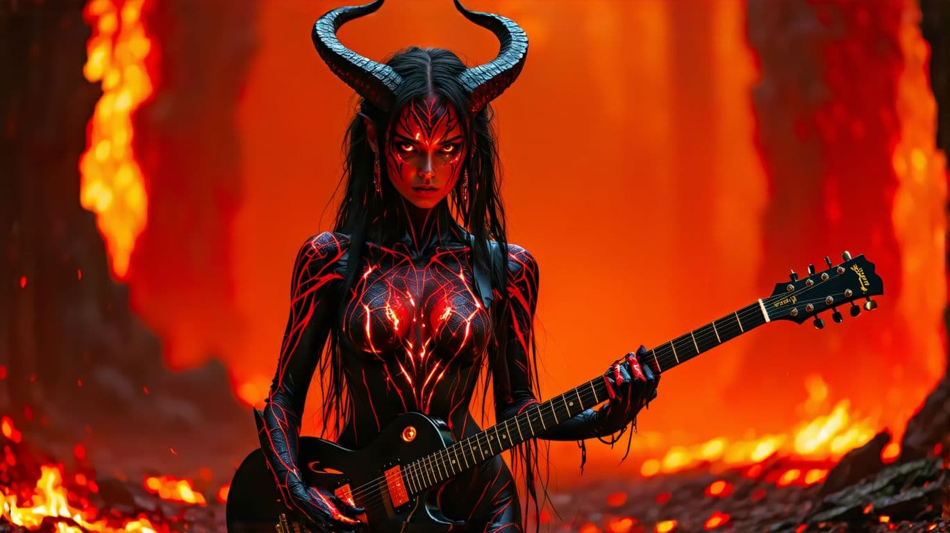 AI generated:  A powerful, athletic female demon with rippling muscles, dressed in intricate, red snakeskin patter...