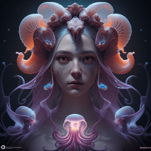 AI generated: Goddess close-up portrait ribcagel. jellyfish phoenix head, nautilus, orchid, skull, betta fish, bio...