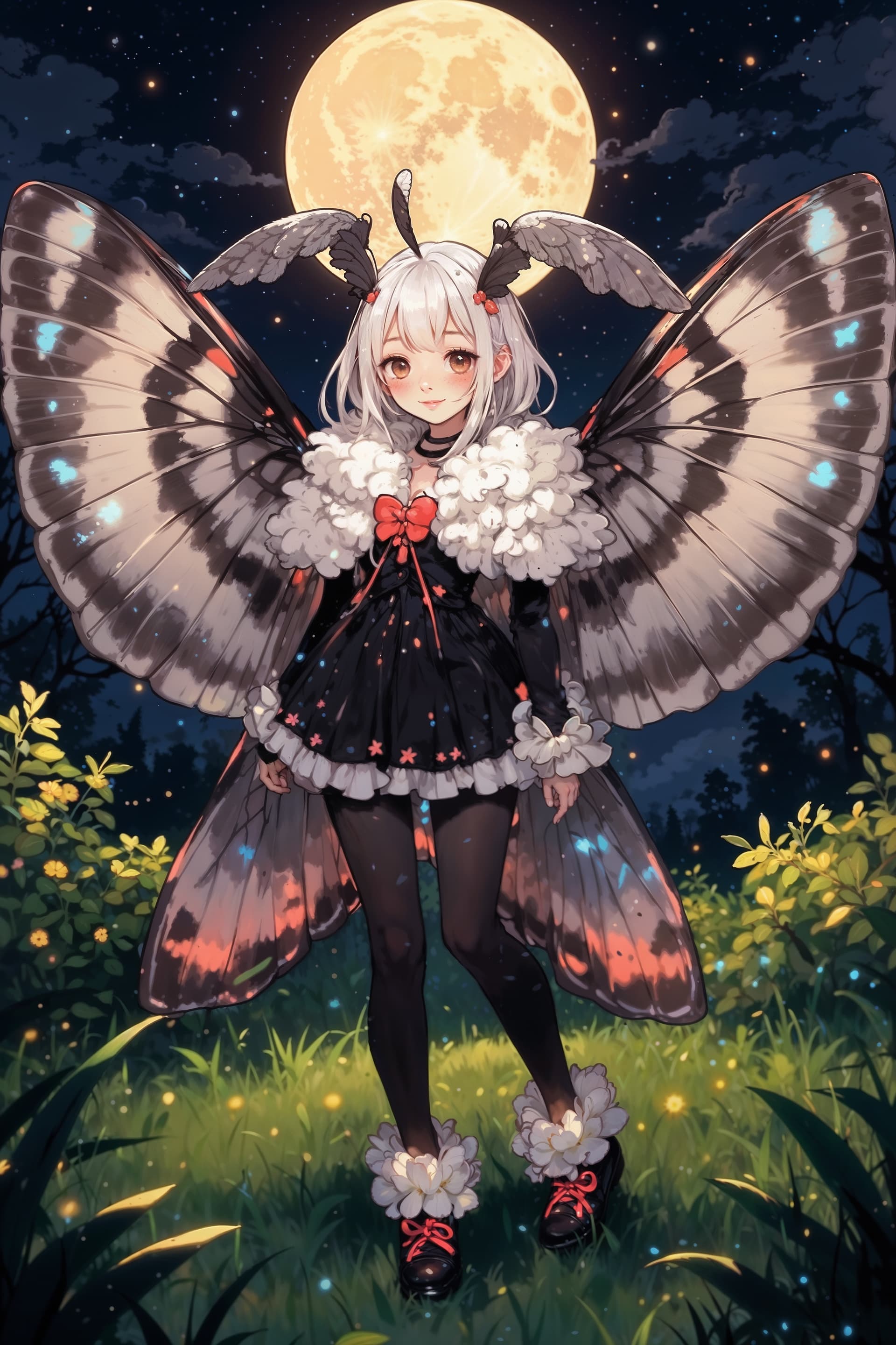 AI generated: 1 lady, moth woman, antennae, night, moon, fluff, moth wings, full body