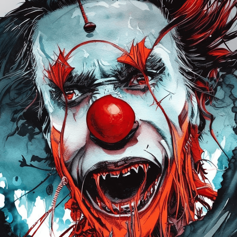 AI generated: Bansky art style, scary clown, dark soul, splash of paint, digital illustration, comic book style, s...