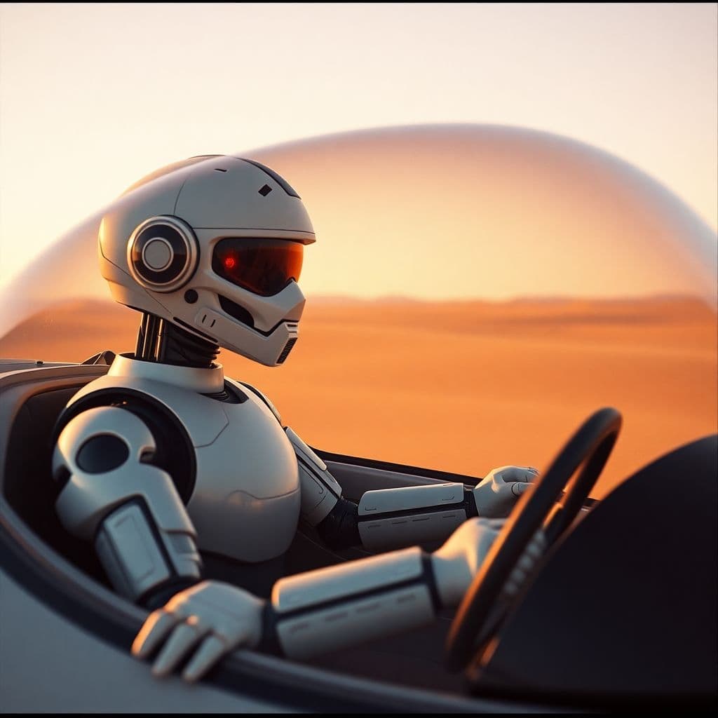 AI generated: film photography of a robot driving a spaceship,medium shot , in the desert,wearing a helmet and goo...