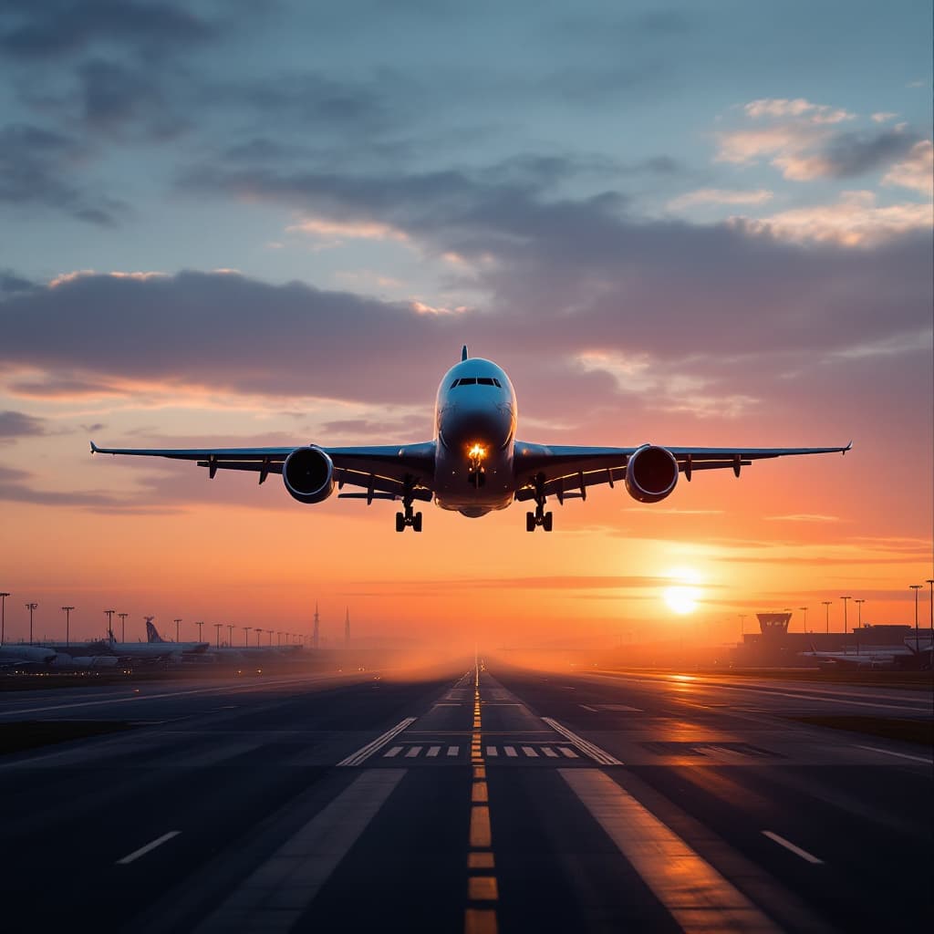 AI generated: a380 landing vienna airport sunset