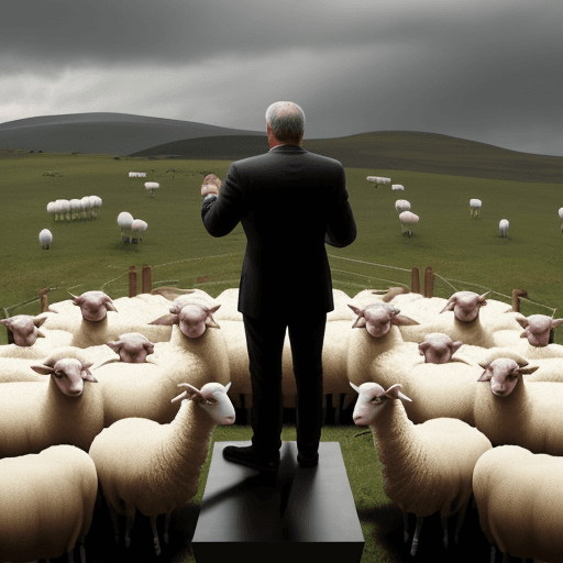 AI generated: A corrupt politician standing on a podium. He talks to a large group of sheep. He promises them a be...