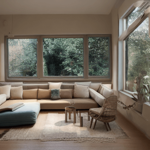 AI generated: High resolution photography interior design, dreamy sunken living room conversation pit, wooden floo...