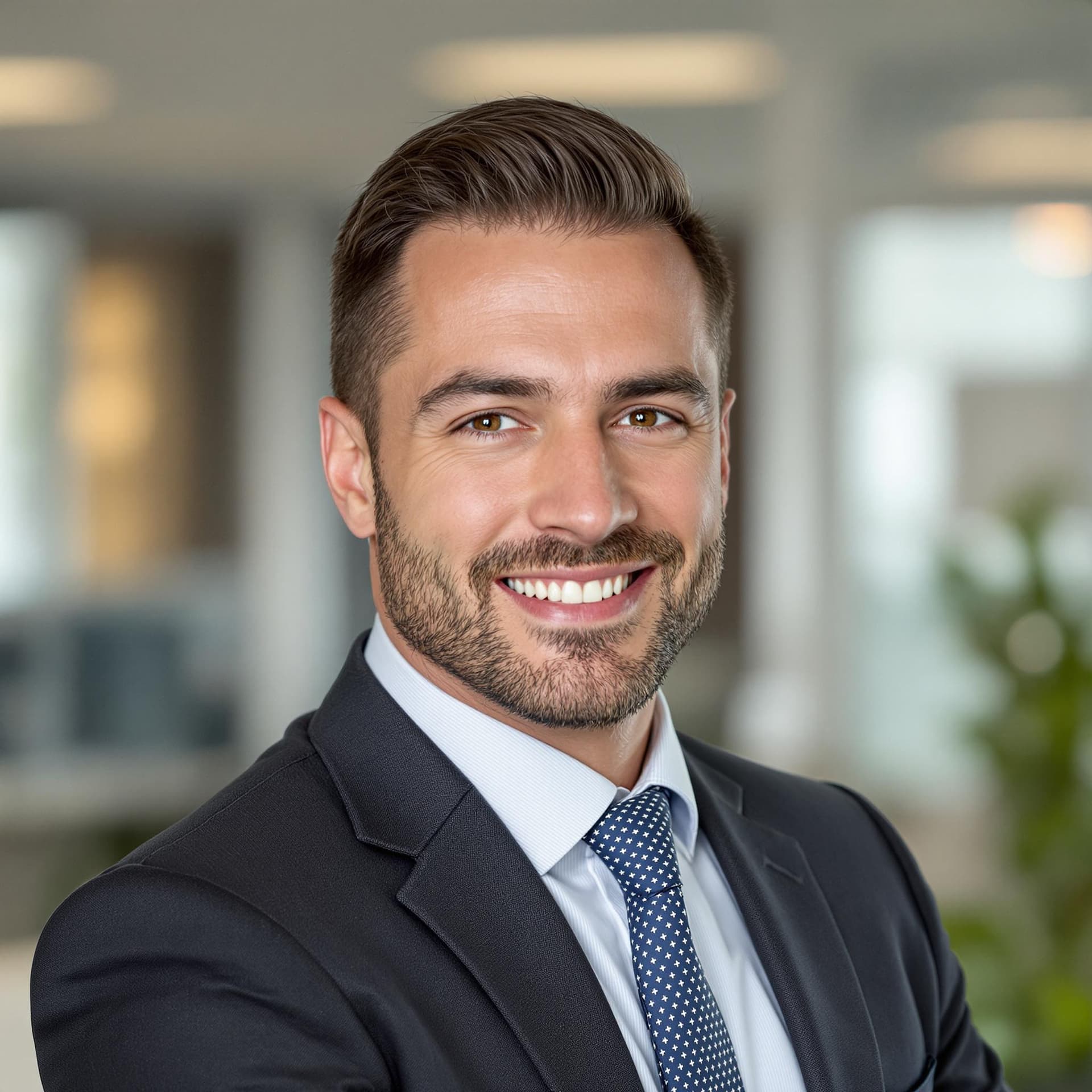 AI generated: clean shaven business man posing against office background