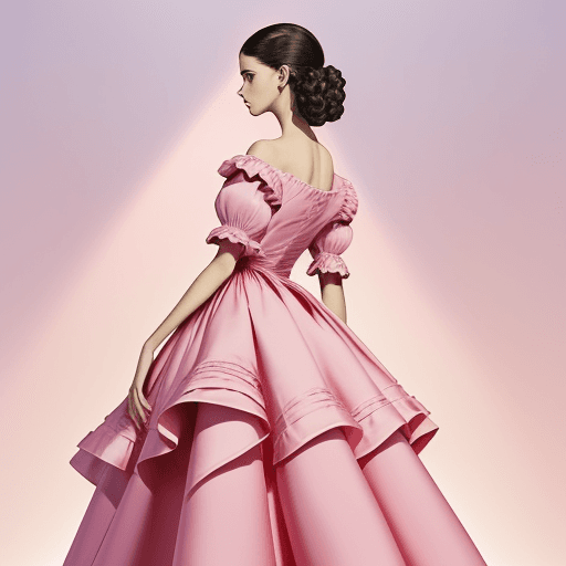 AI generated: Front view of a dress design, featuring a flowy skirt and ruffle sleeves at the waist, shot from the...