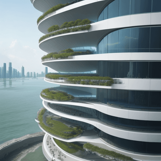 AI generated: futuristic building that deals with rising sea levels through design, futuristic commercial building...