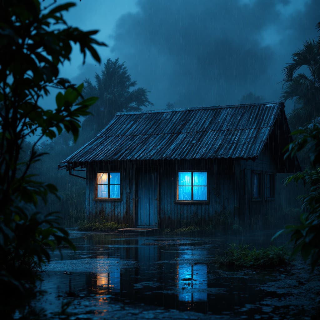 AI generated: A hyper-realistic 8K scene during an intense storm on a very dark night. The image centers on an iso...