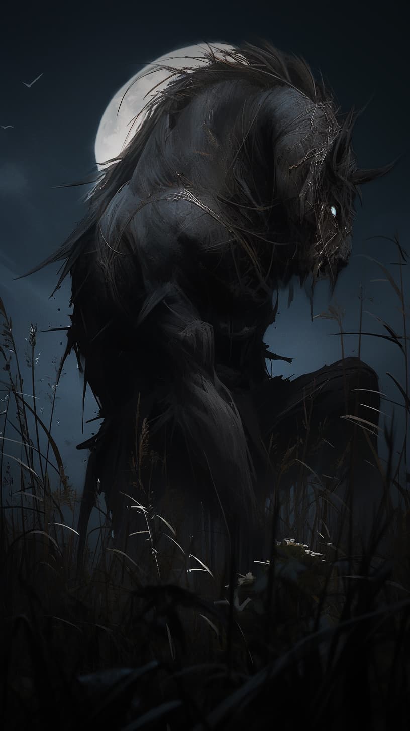 AI generated: Tikbalang, scary, hairy and muscular monster with a human body and the head of a horse, lurking on t...