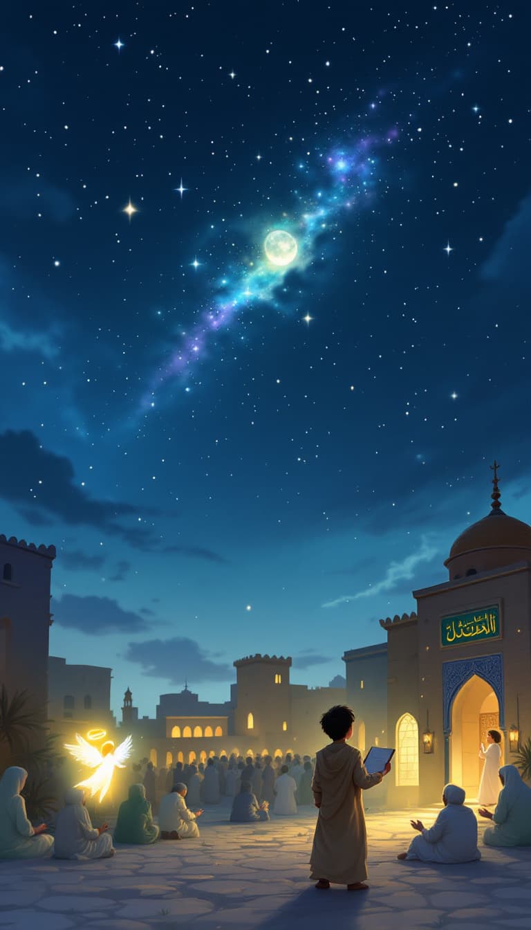 AI generated: "Depict the Night of Qadr in Kufa, with a starry sky glowing in deep blue, dotted with shimmering si...