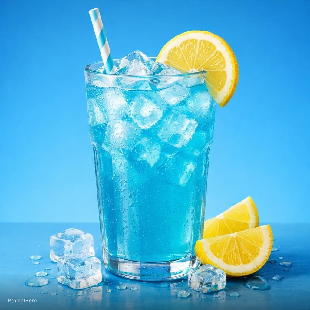 AI generated: photography, blue, summer, one cool blue lemonaid with ice, isolated layout, realistic light, rich d...