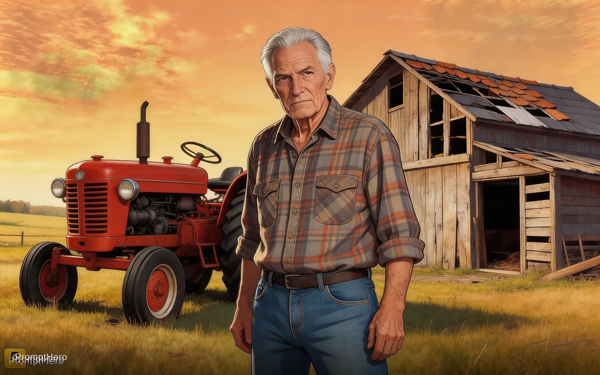 AI generated: An elderly man in farming clothes is in the foreground, with a tractor and an old, dilapidated barn ...