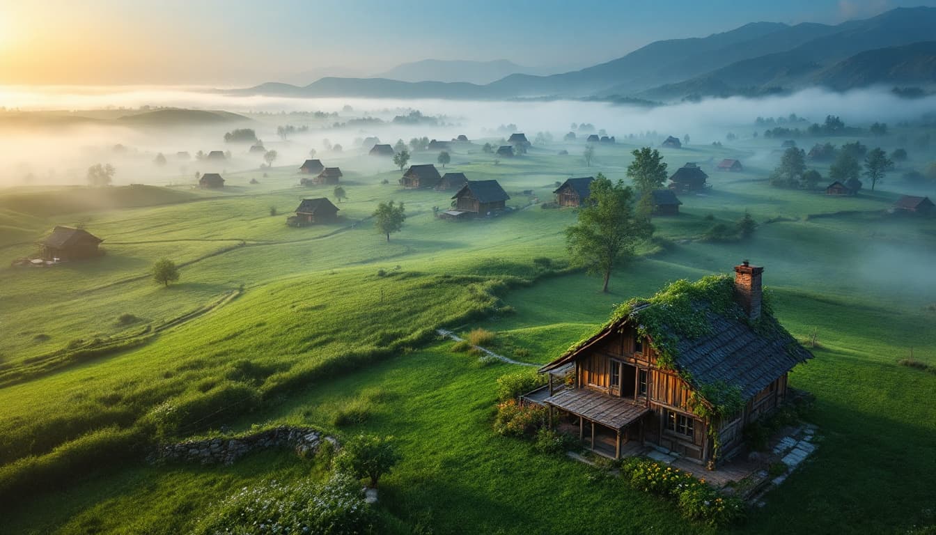 AI generated: Prompt: A wide aerial shot of a misty Gilani village at dawn, traditional wooden houses with sloped ...