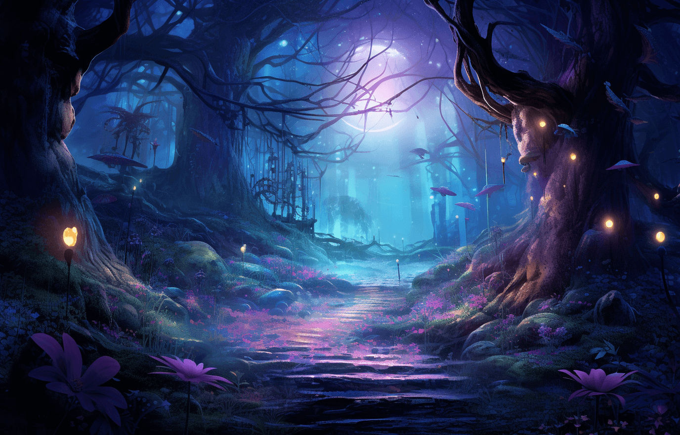 AI generated: phantom forest fairy garden, in the style of digitally manipulated images, purple and aquamarine, uh...