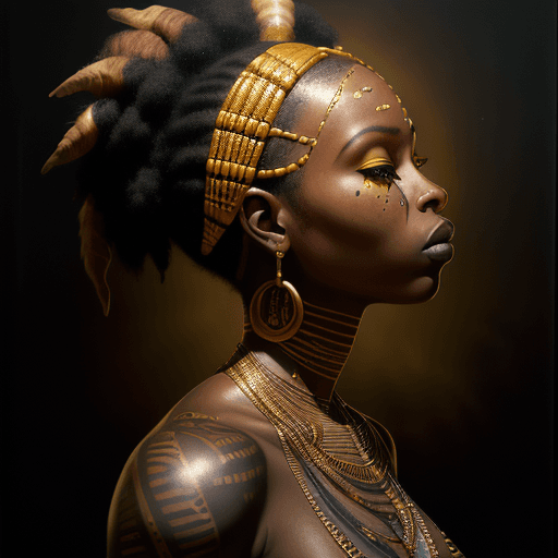 AI generated: hyper realistic photograph, portrait of a African indigenous black woman, future punk, gold tattoo l...