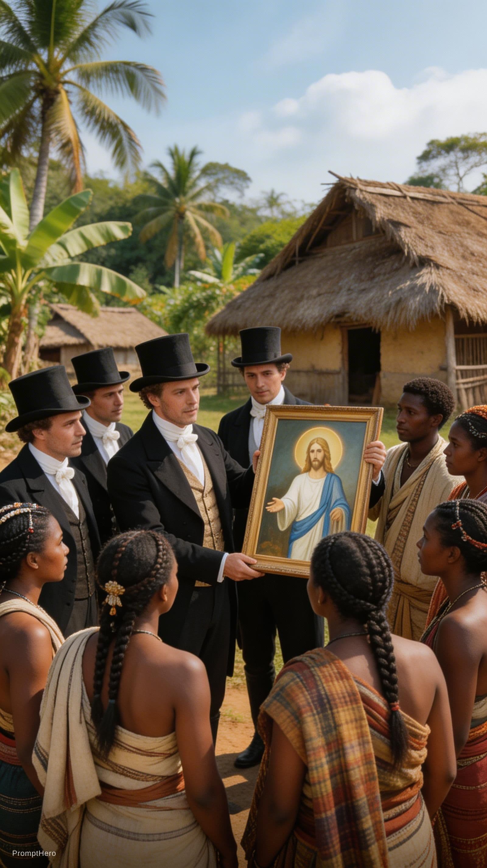 AI generated: white colonizer white people arriving with a painting of white Jesus offering Christianity to local ...