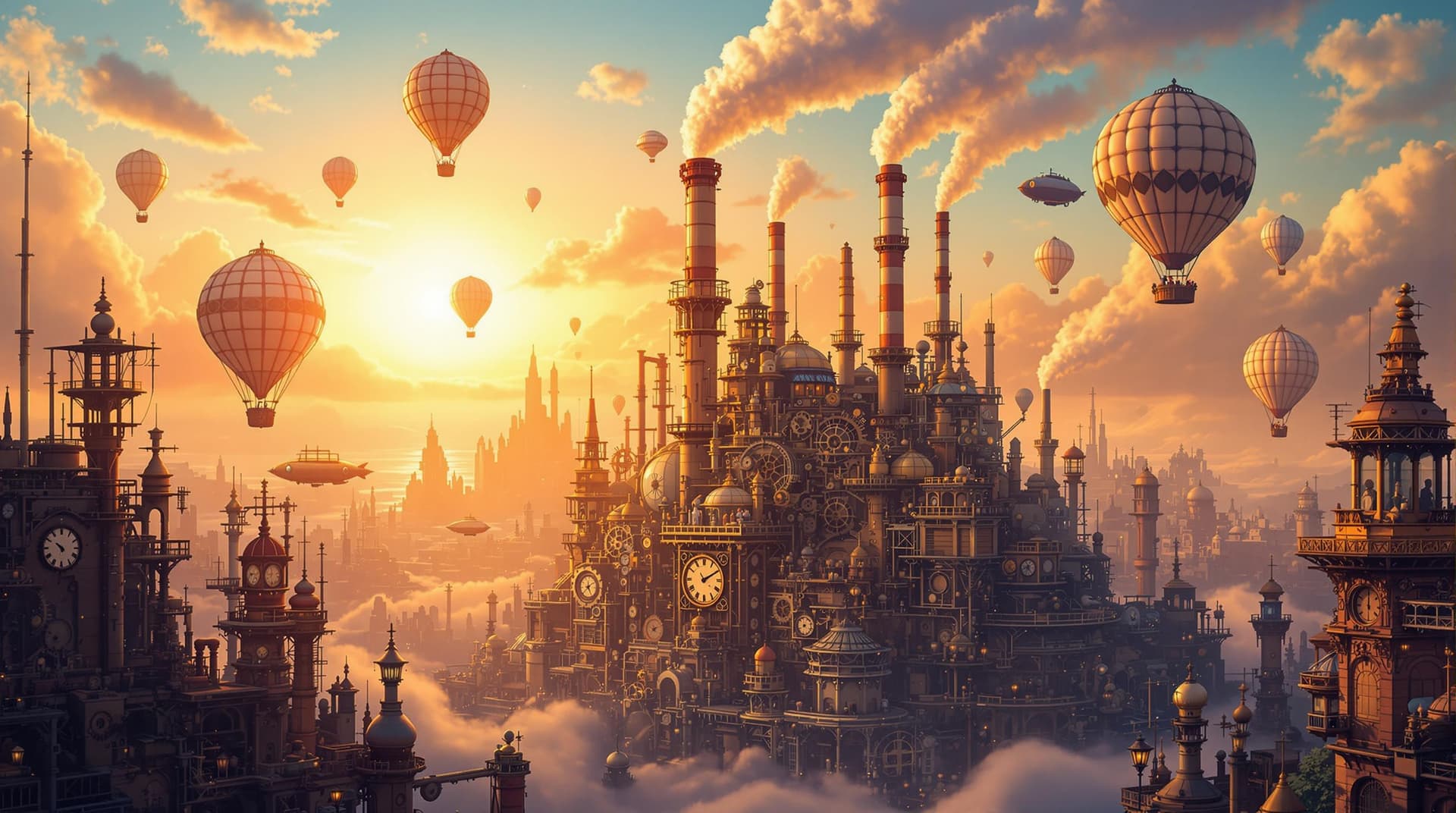 AI generated: A vibrant steampunk industrial landscape. At the center is a large factory with towering smokestacks...