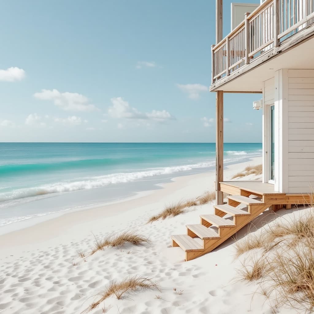 AI generated: Fotografía realista de una casa en primera linea de playa con arena blanca, donde se vean unas escal...