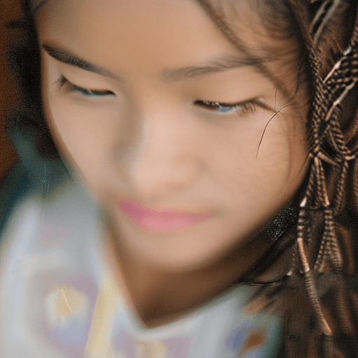 AI generated: A close-up portrait of a young Indonesian girl with contemplative brown eyes and a side braid. Her o...