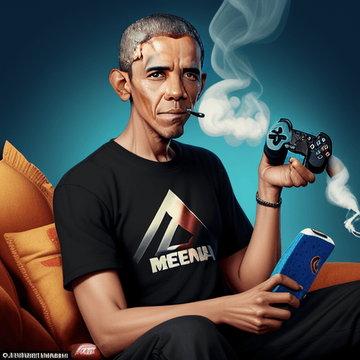 AI generated: Obamanheimer, sender of memes, he loves smoking blunts, holding doritos and drinking mtn dew, holdin...