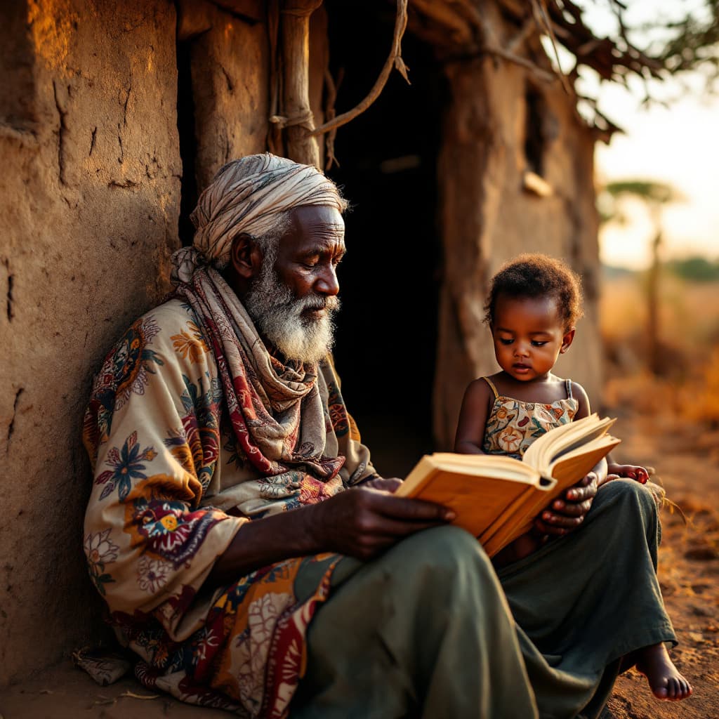 AI generated: A family with a elderly man reading for baby, outside an old hut, looks African context, environment...