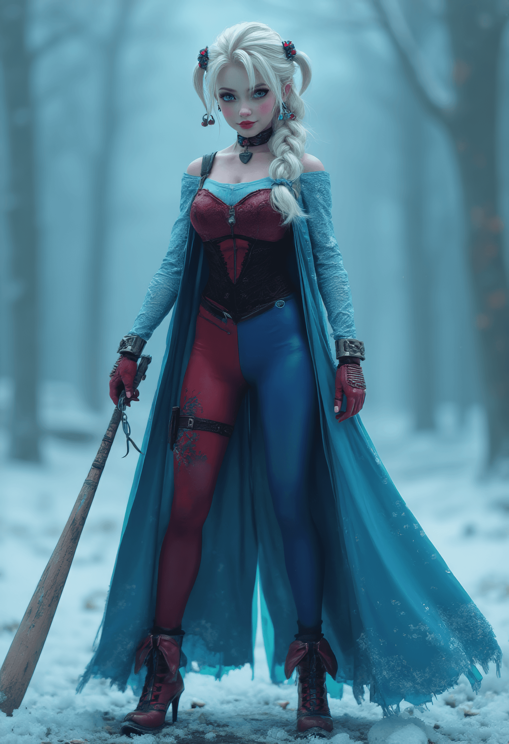 AI generated: A cross between Harley Quinn and Elsa from Frozen, Standing and posing with a baseball bat, The back...