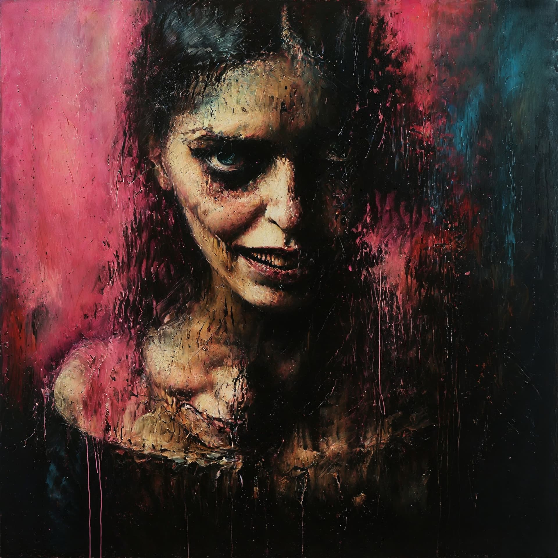 AI generated: an oil painting of a woman with a broken neck, (nightmare surrealist art), blasphemous pink, insidio...