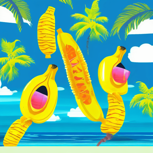 AI generated: A vibrant banana, cheerful and playful, tropical beach, bright and sunny, digital illustration --ar ...