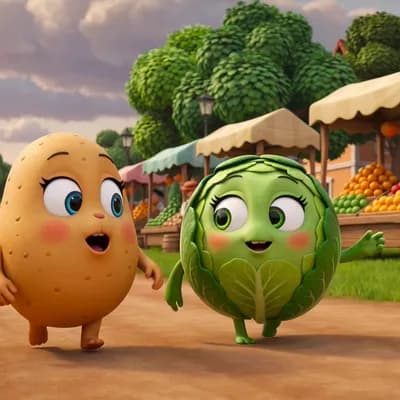 AI generated video: 3D Pixar style animation, cute potato and cabbage with big eyes walking together on village road, bo...