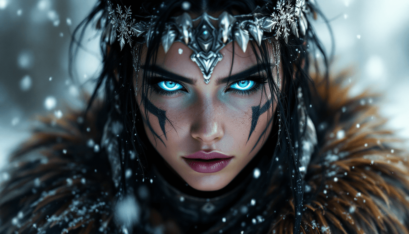 AI generated: A female warrior with dark hair and facial tattoos, wearing a headdress of feathers, full-body portr...