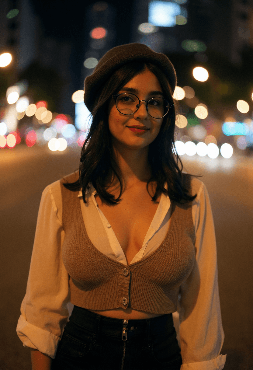 AI generated: A sophisticated woman stands confidently on a city street at night, surrounded by the urban glow of ...