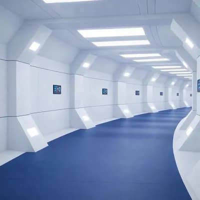 AI generated video: slow forward walk through the corridor, stopping at the end of the corridor. Looking around the area...