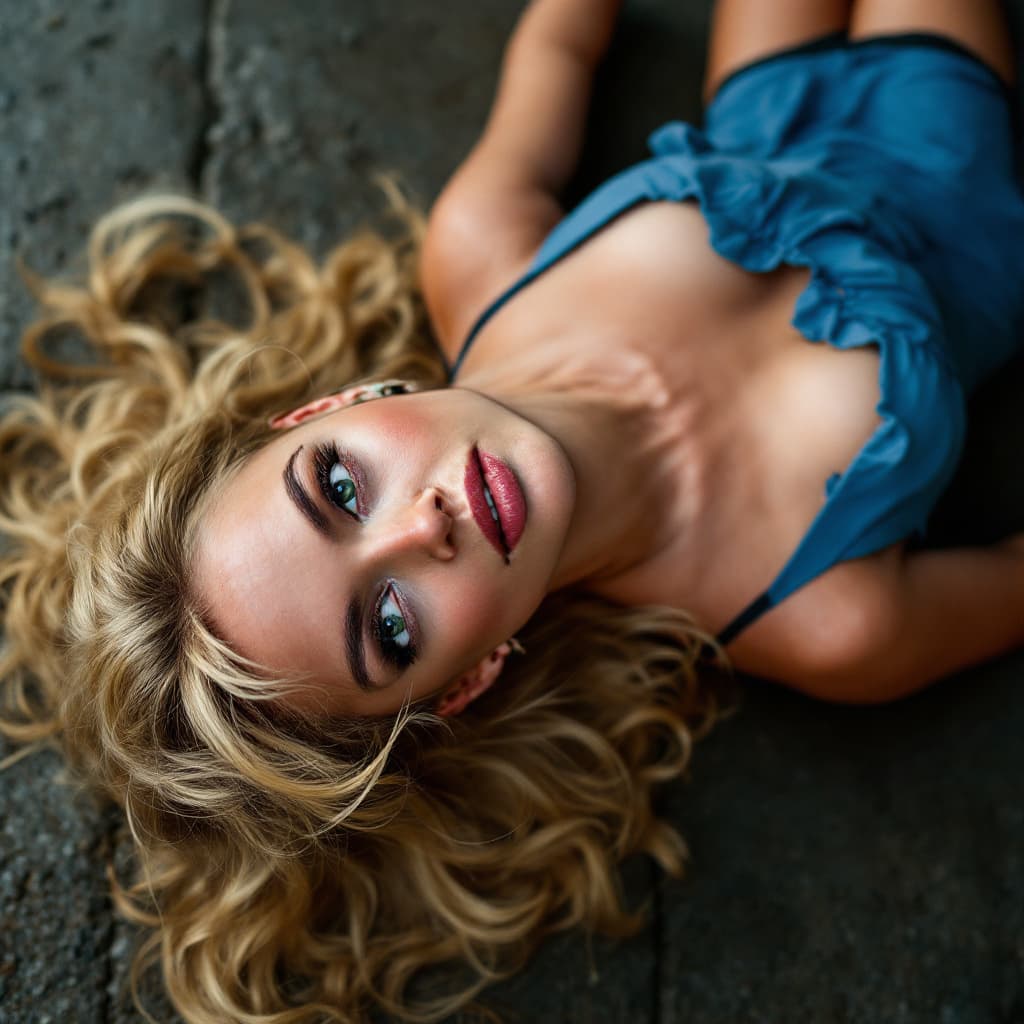 AI generated: Hyper realistic eye level full body photo of Margot Elise Robbie with blond hair  in a blue minidres...