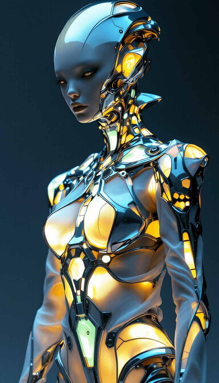 AI generated: Avant-Garde Alien Fashion with Evolving Structures: A series of photorealistic images depicting an a...