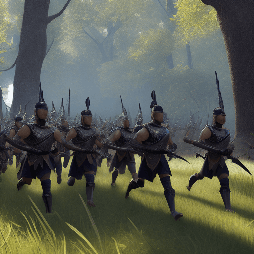 AI generated: A cinematic 3D rendering of young warriors marching in formation through a dense, sunlit forest, the...