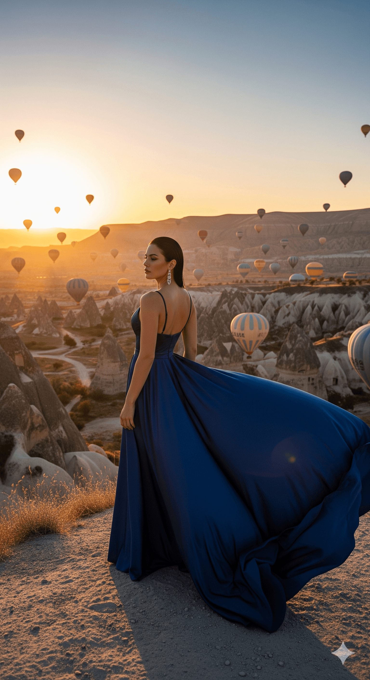 AI generated: A glamorous GQ-style editorial fashion scene in Mardin at golden hour. A confident, elegant woman in...