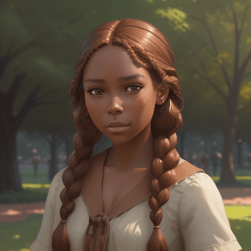 AI generated: a natural brown, mahogany, copper, cinnamon skin complexion girl with braided hair standing in a par...